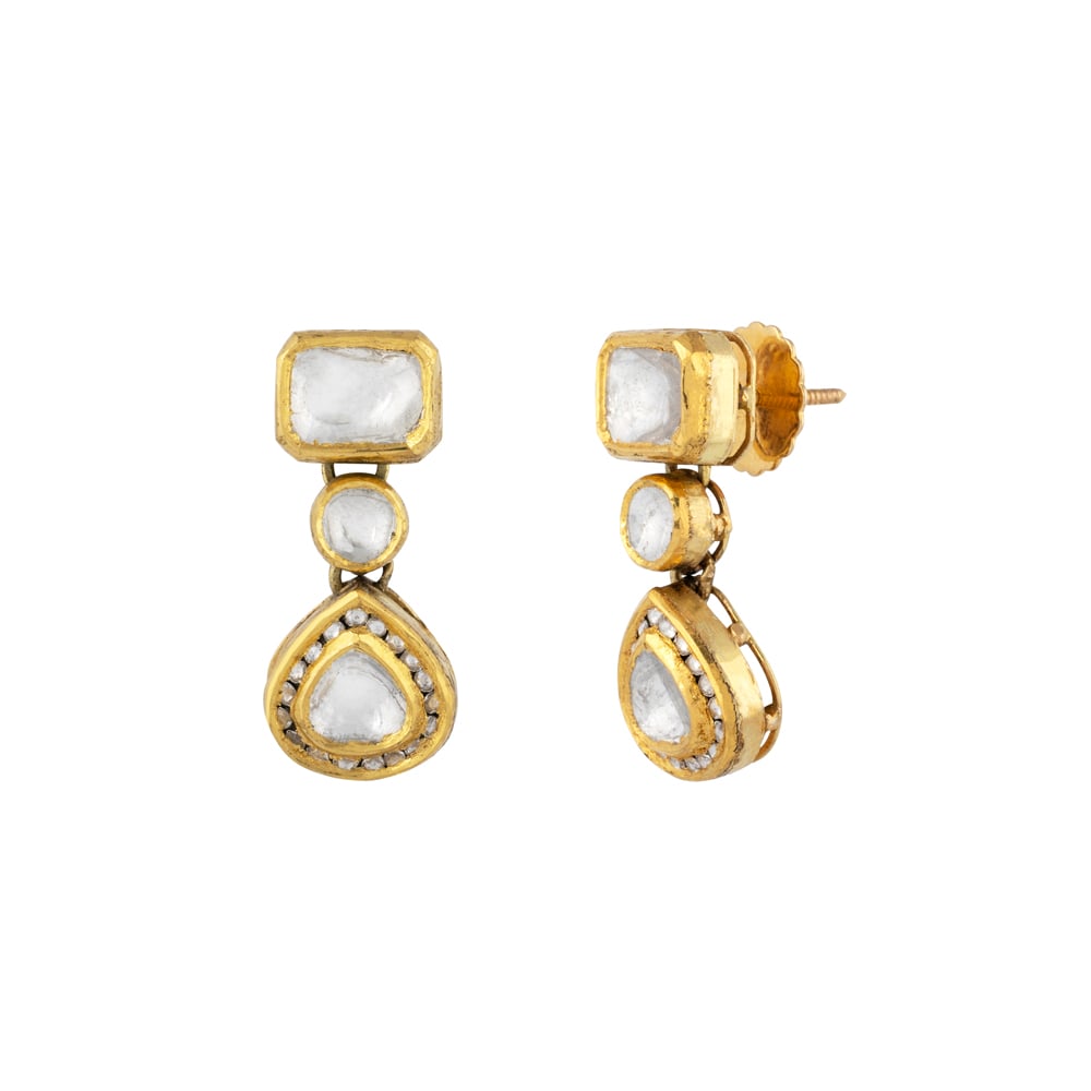 Geometric Polki Earrings with Square, Round & Teardrop Polki